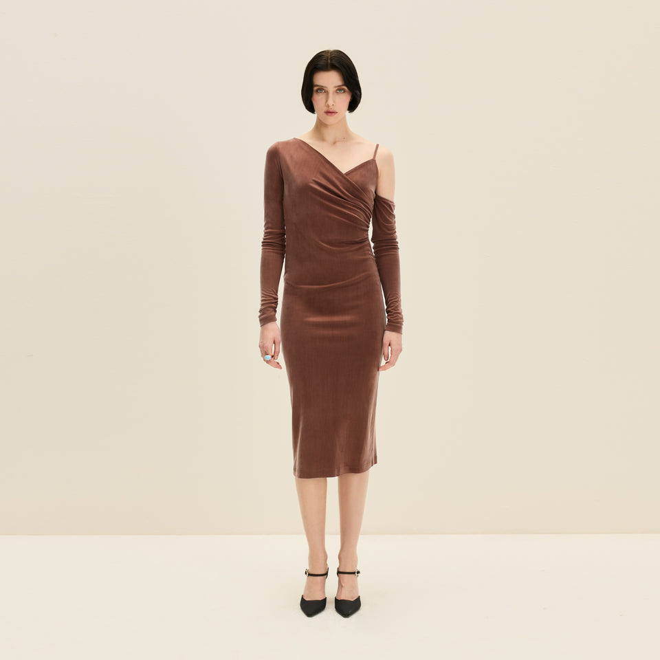 Asymmetric cupro dress in Chocolate Brown