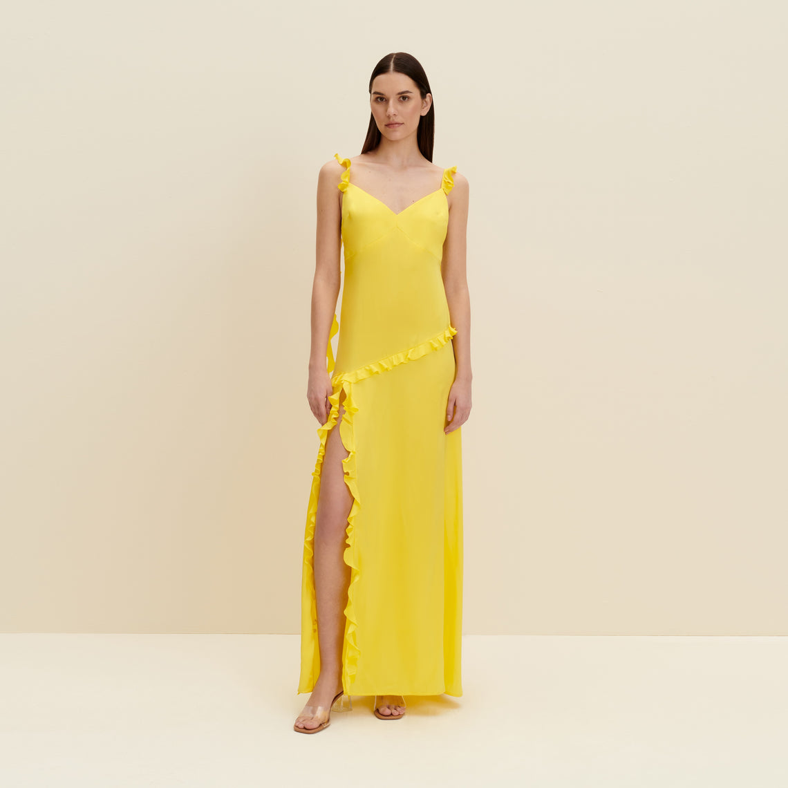 Ruffled silk maxi dress in Lemon Yellow