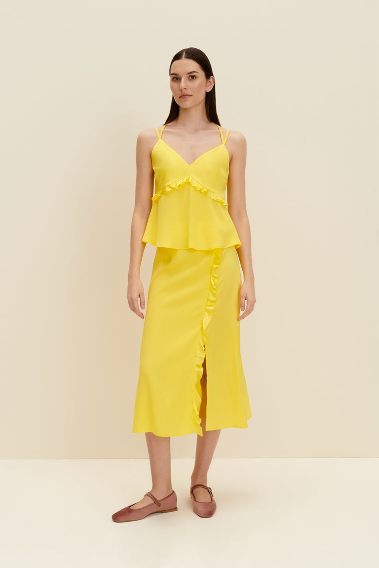 Ruffled silk midi skirt in Lemon Yellow