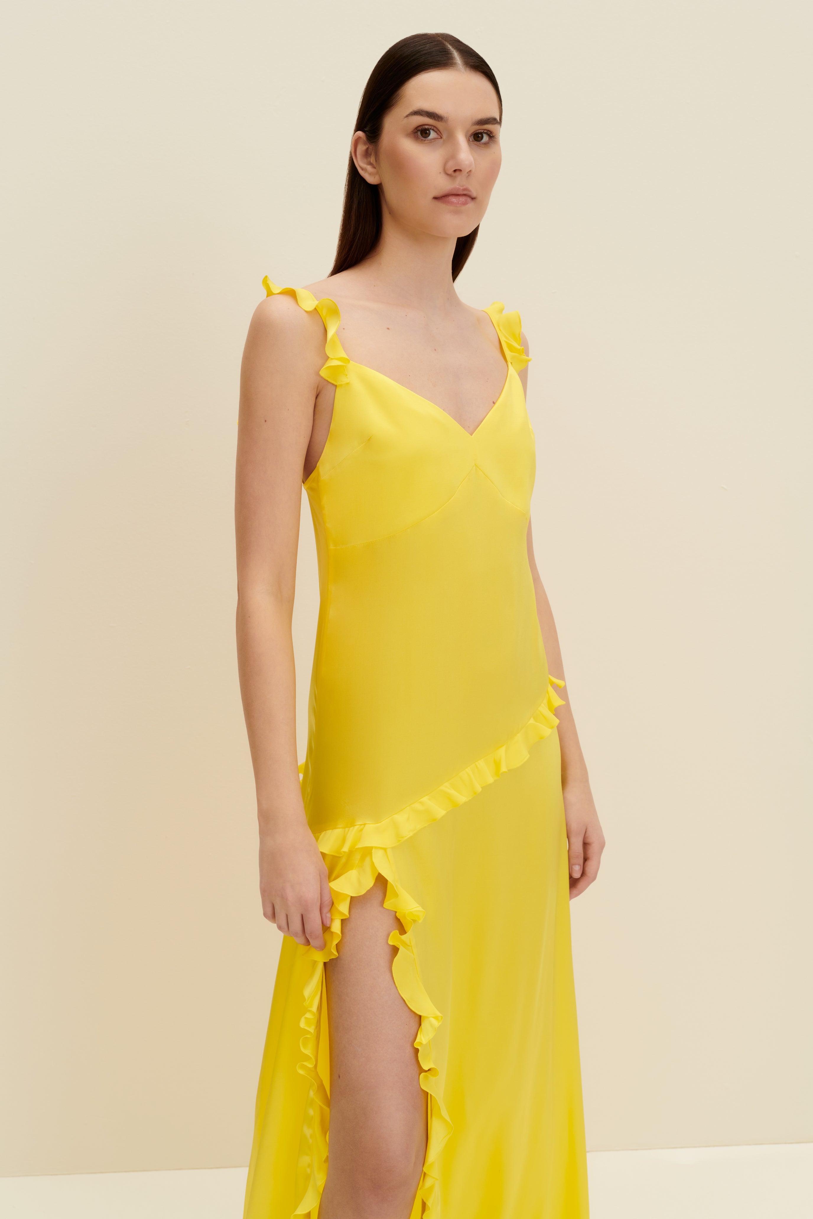 Amur newest Odessa Yellow Silk Off The Shoulder Ruffled Maxi Dress