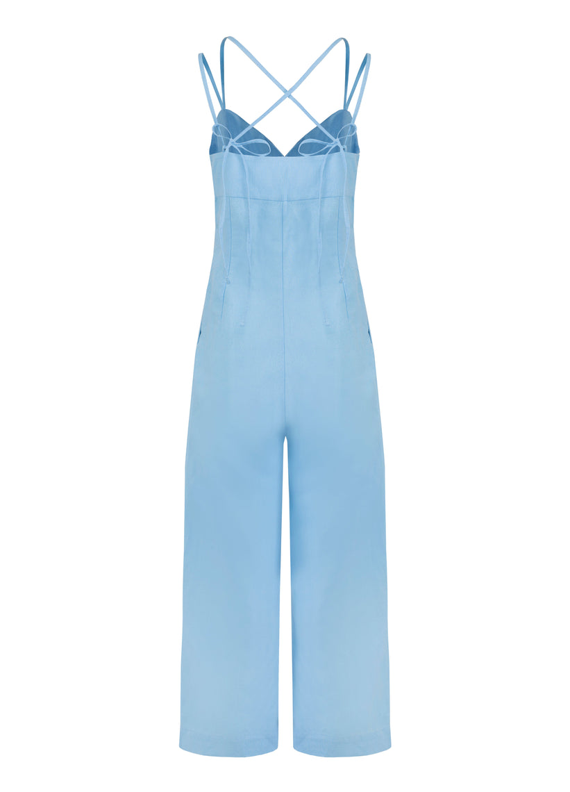 Linen-blend jumpsuit in Light Blue