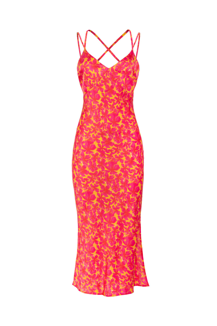 Silk-satin slip dress in Hibiscus Print